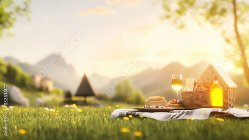 serene picnic scene with basket, food, and drinks in nature photo