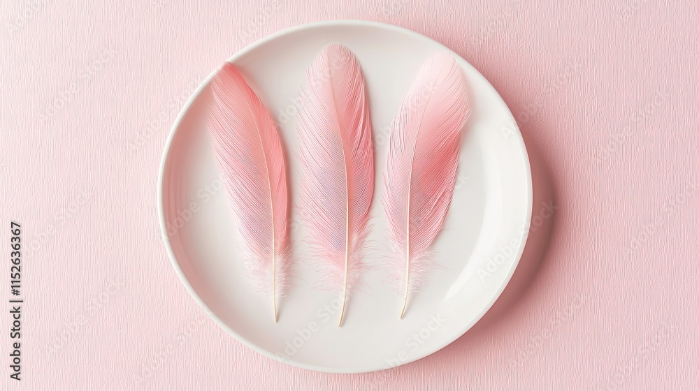 Closeup of three pink feathers elegantly arranged on a flat dish, minimal design conveying lightness and small portions, clean composition with copy space Closeup of three pink feathers elegantly arranged on a flat dish, minimal design conveying lightness and small portions, clean composition with copy space