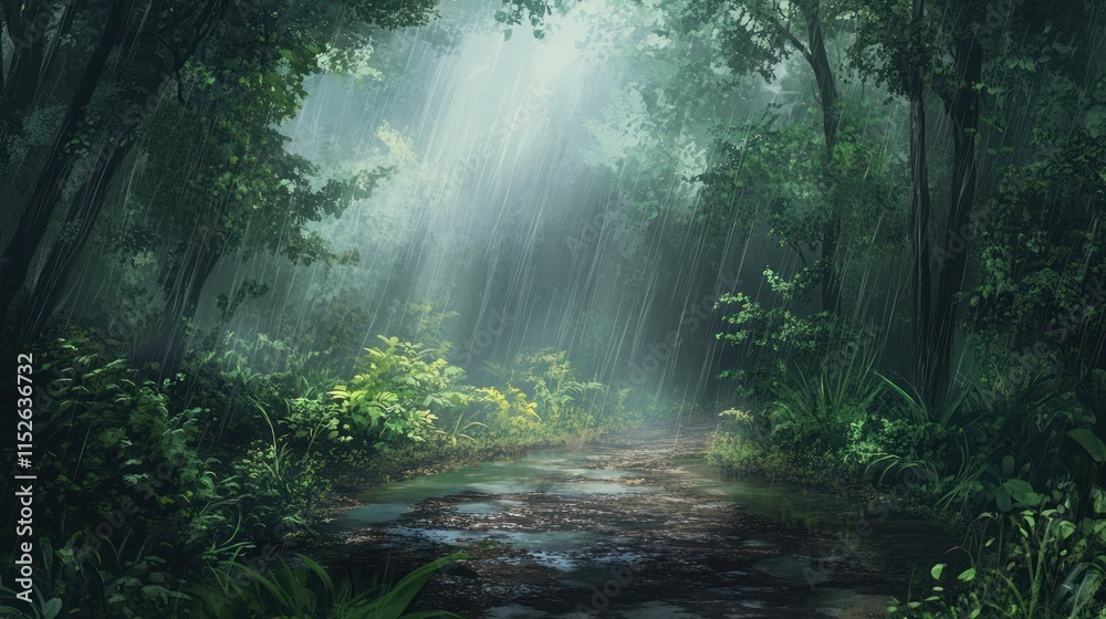 Fototapeta premium Sunbeams pierce through lush rainforest canopy, illuminating a muddy path after rainfall.