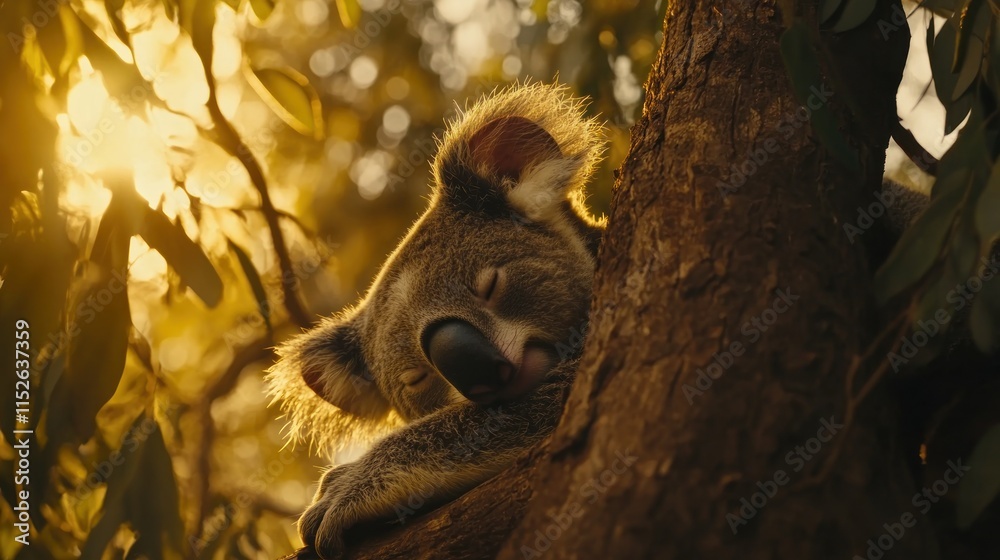 Fototapeta premium Sleepy koala bear resting on eucalyptus tree at sunset.