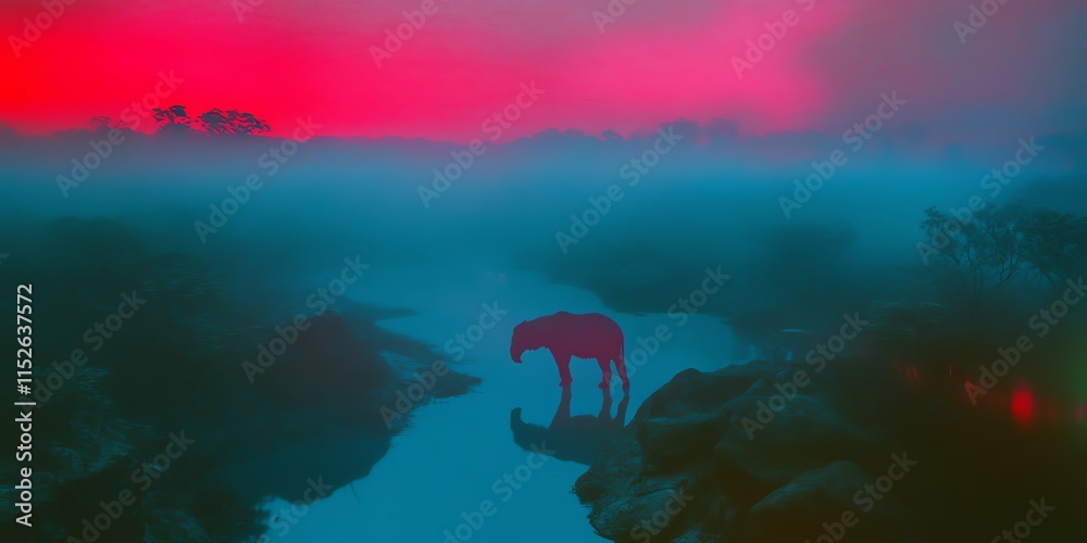 Obraz premium Surreal landscape at sunset. A lone panther stands silhouetted against a vibrant, misty river. Dreamlike atmosphere.