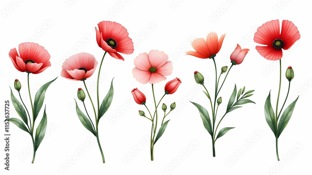 Obraz premium Elegant Poppies: A captivating array of delicate pink and red blossoms, showcasing nature's vibrant beauty against a pristine white background.