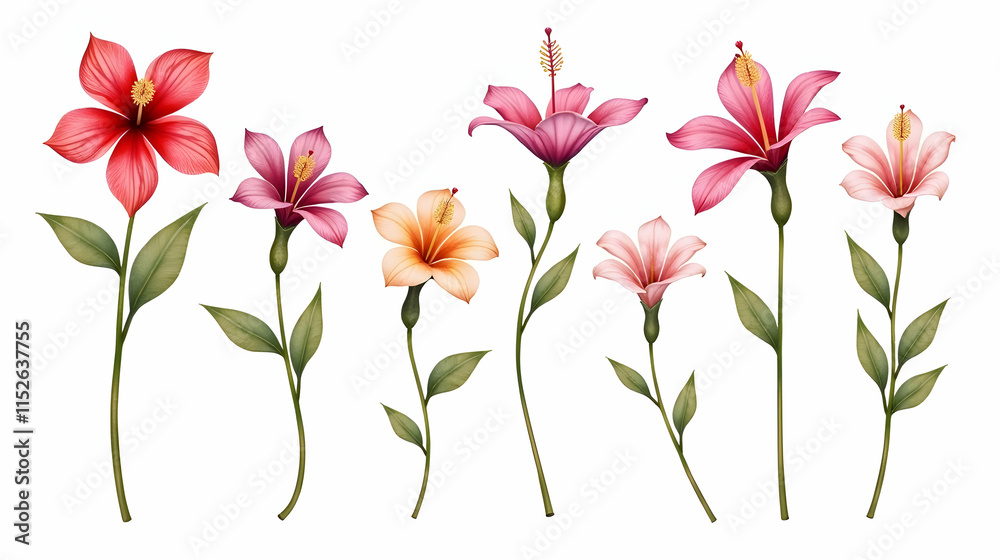 Elegant hibiscus and other blooms in a vibrant display, showcasing diverse colors and delicate details. A botanical masterpiece! Elegant hibiscus and other blooms in a vibrant display, showcasing diverse colors and delicate details. A botanical masterpiece!