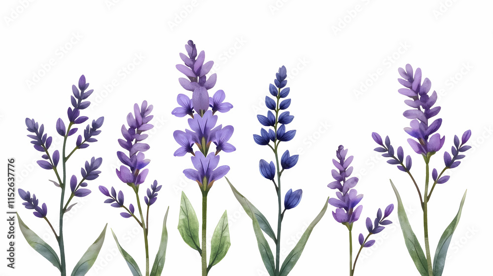 Obraz premium Serene Lavender Watercolor: A delicate arrangement of purple blooms against a pristine white backdrop. Soft hues and elegant lines evoke tranquility.