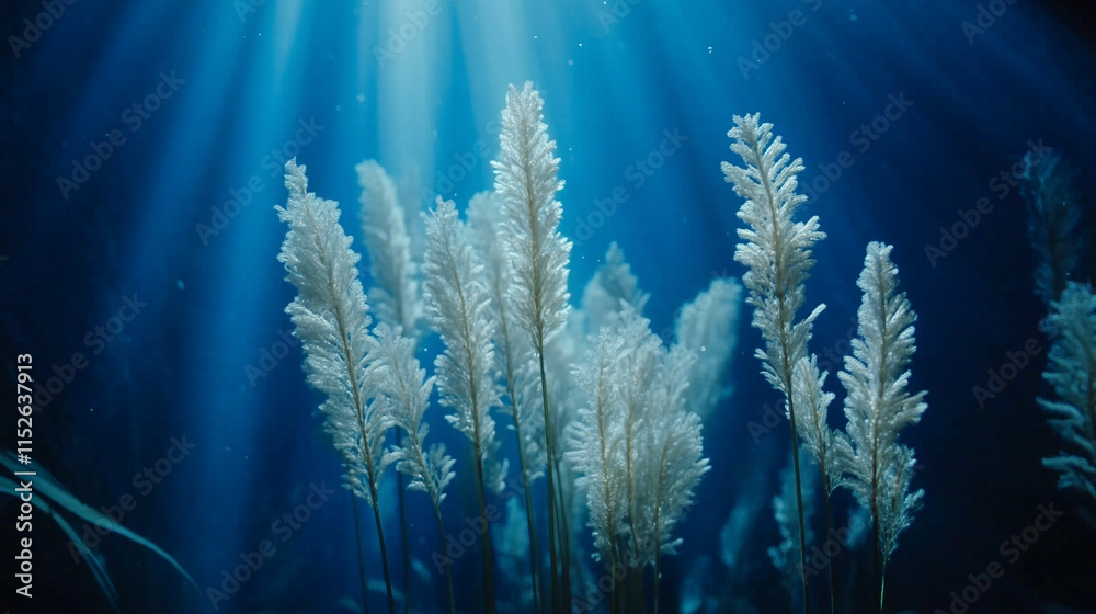 Underwater scene with vibrant coral reef bathed in blue sunlight creating a peaceful, blurred atmosphere symbolizing the calm, beauty, and mystery of the ocean's depths and natural harmony Underwater scene with vibrant coral reef bathed in blue sunlight creating a peaceful, blurred atmosphere symbolizing the calm, beauty, and mystery of the ocean's depths and natural harmony