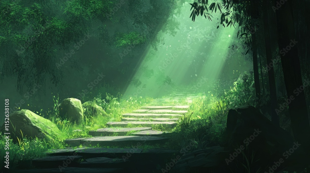 Fototapeta premium Sunbeams illuminate a stone staircase leading through a lush, green forest.
