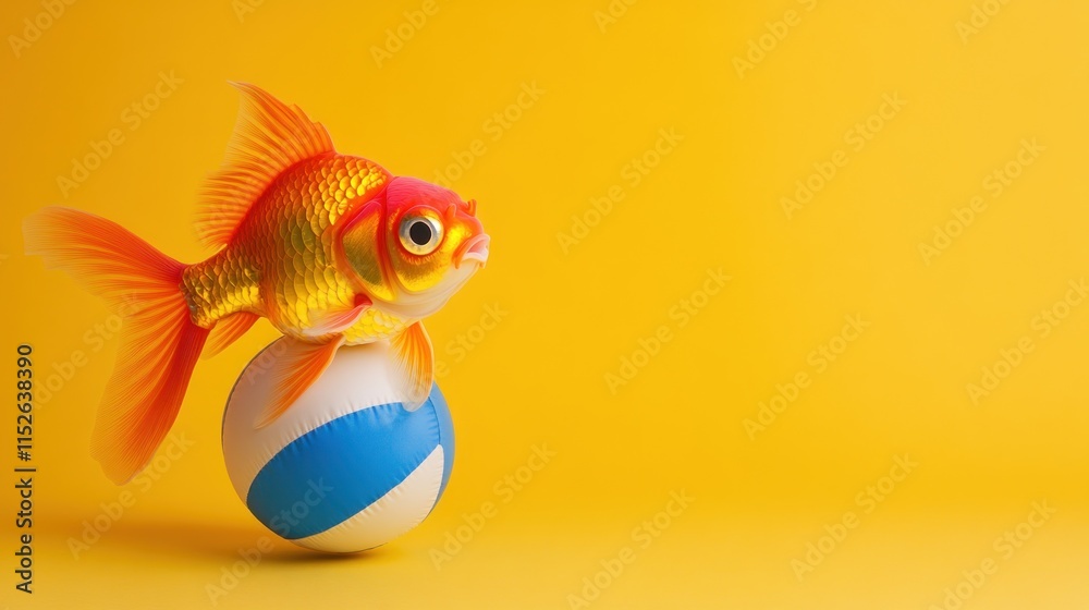 Goldfish balancing on beach ball against yellow background.