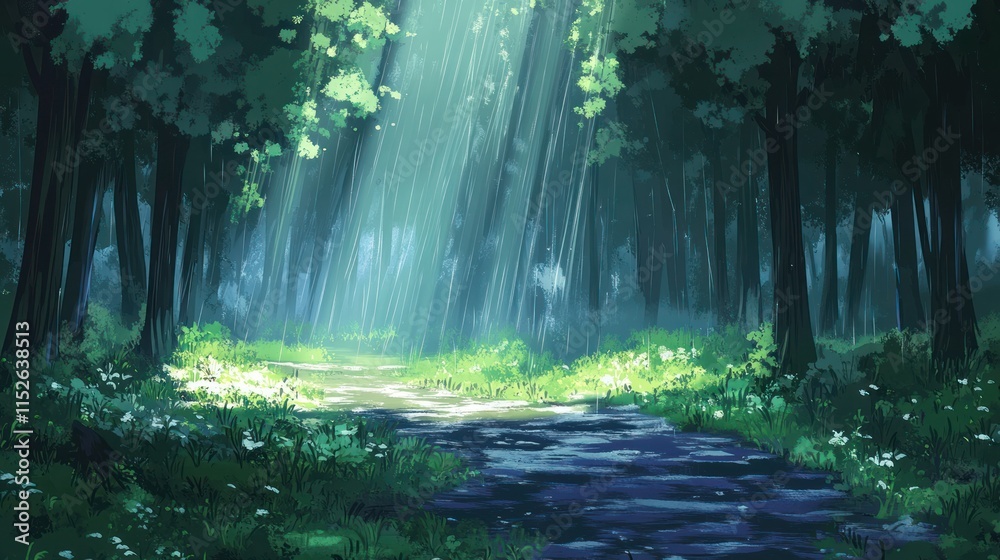 Fototapeta premium Sunbeams illuminate a path through a lush, green forest.