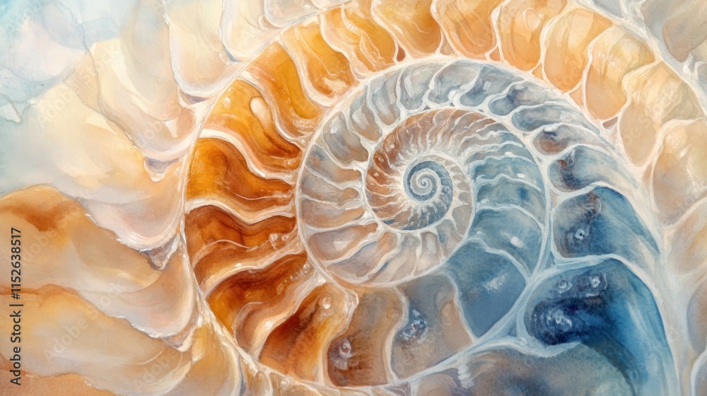 A detailed, colorful depiction of a nautilus shell in a spiral pattern. A detailed, colorful depiction of a nautilus shell in a spiral pattern.