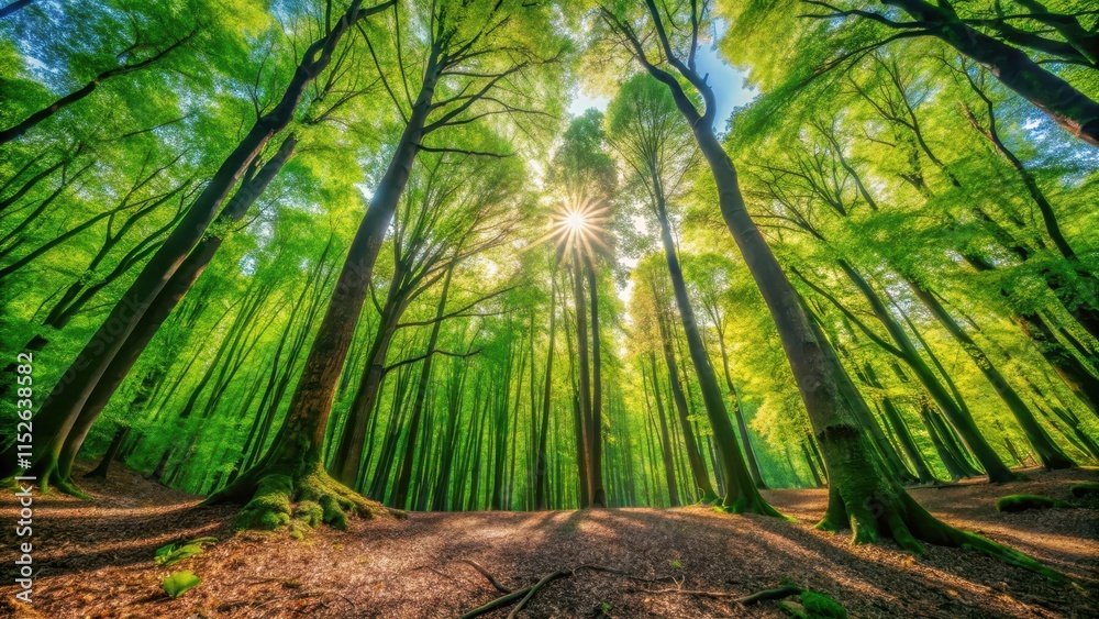 Obraz premium Sunlit Canopy in a Verdant Forest, Sunlight Streaming Through Lush Green Leaves, Illuminating the Forest Floor