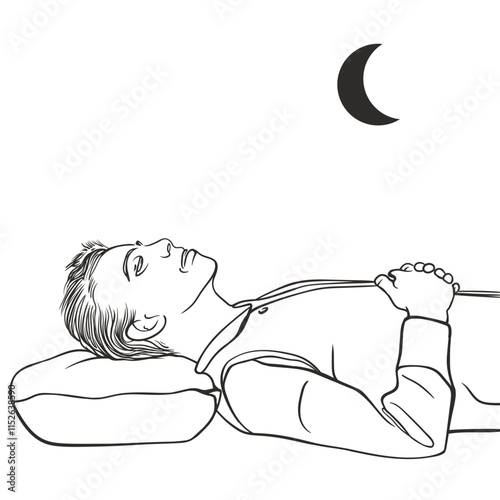 Black and White Drawing of a Sleeping Person with Moon