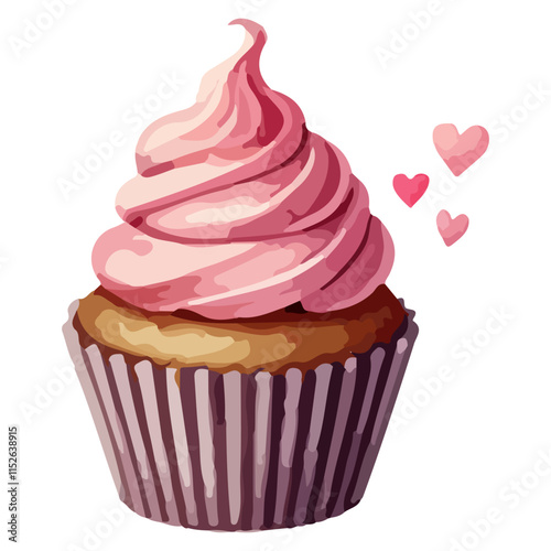 Vanilla cupcake decorated with pink whipped cream. Watercolor hand drawn painting isolated on white background. Valentines day design.