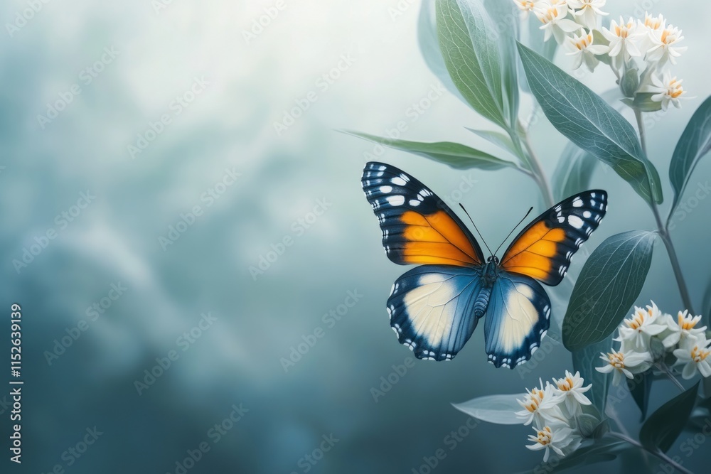 Obraz premium A vibrant butterfly rests near delicate white flowers