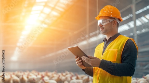 A man in a yellow vest is wearing an orange hard hat and looking at a tablet