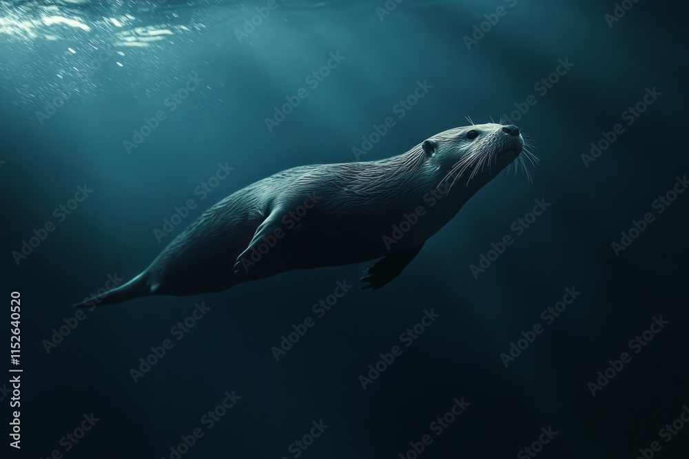 Fototapeta premium An Otter Gracefully Swims Underwater In Dark Waters