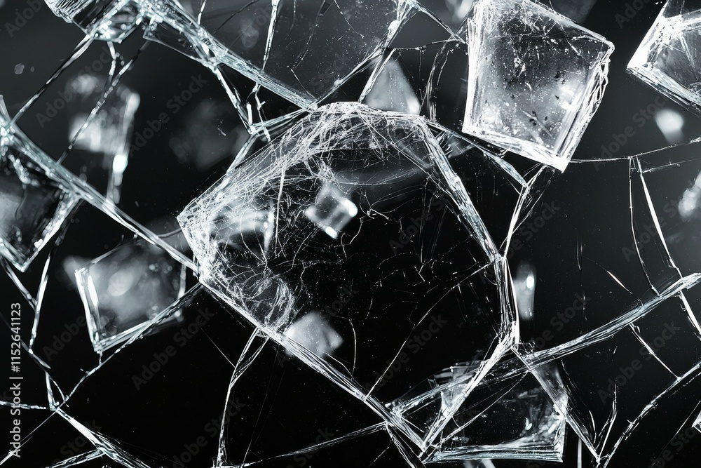 A broken glass window with shards of glass scattered around A broken glass window with shards of glass scattered around