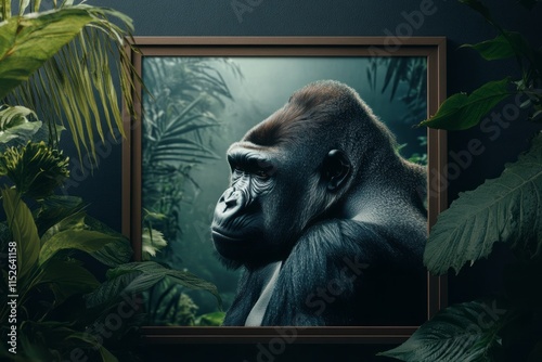 A framed image depicts a gorilla in a jungle setting photo