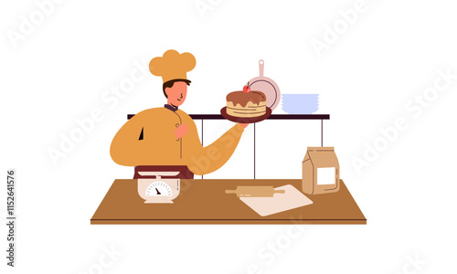 Professional chef cooks food, cooks dishes, prepares food vector illustration