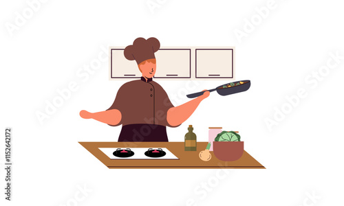 Professional chef cooks food, cooks dishes, prepares food vector illustration