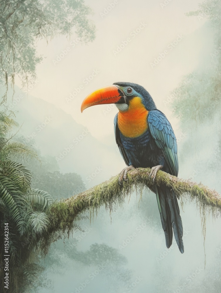Obraz premium A Vivid Toucan Perched on a Mossy Branch in Misty Rainforest