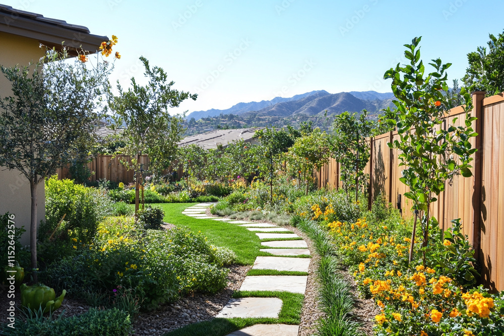 Naklejka premium Colorful home backyard with wooden fence