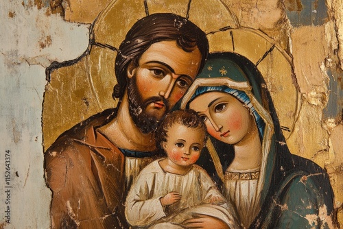 Sacred imagery in focus - icon Holy Family, Saint Mary, Joseph holding baby Jesus Christ, reflecting Christmas reverence, Easter significance, spiritual devotion, religious traditions, holy fasting.
