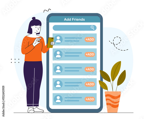 Woman add friends. Young girl adds users on social networks and messengers. Communication and interaction on Internet. Chats, dialogues and messages. Linear vector illustration
