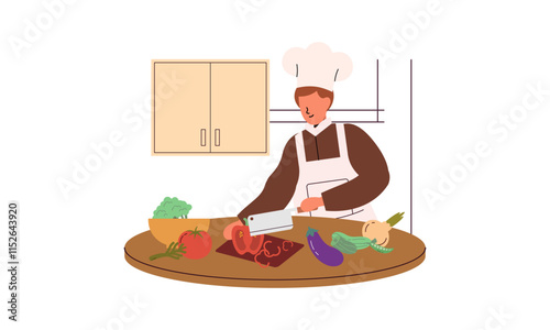 Professional chef cooks food, cooks dishes, prepares food vector illustration