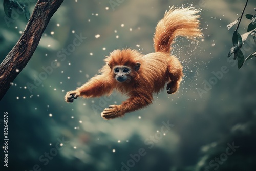 Golden Lion Tamarin Leaping Through Forest Canopy