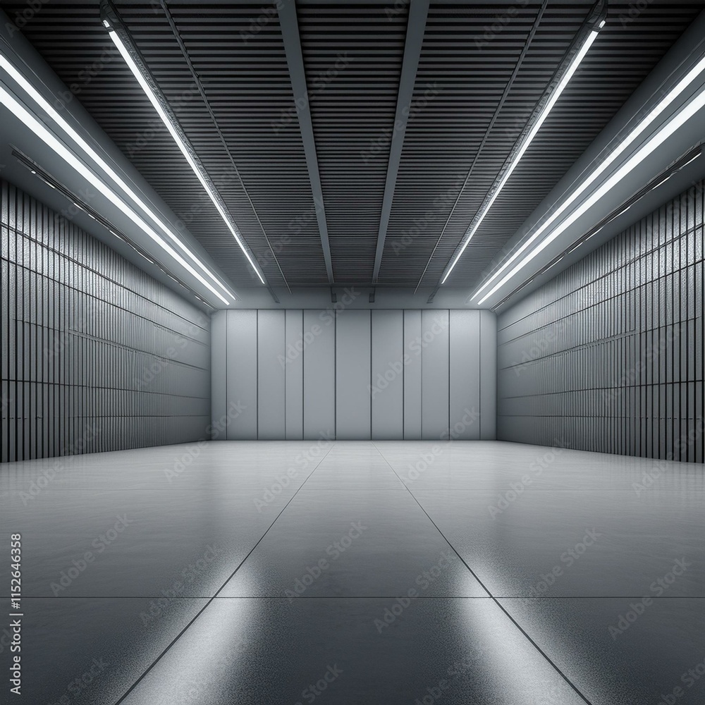 Obraz premium Industrial design project empty hall with led lights on top, grey walls - empty white room with white wall