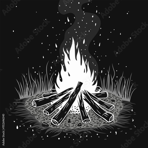 Dramatic black and white illustration of a roaring campfire under a starry night sky photo