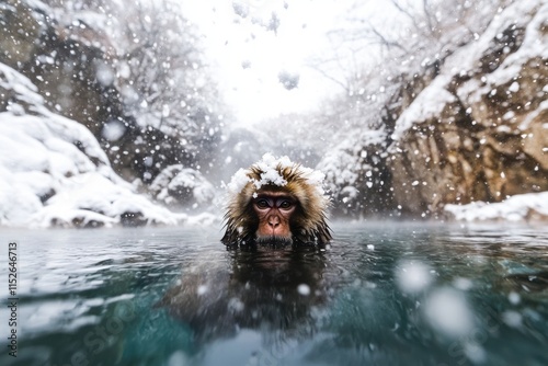 Snow Monkey Bathing in Hot Spring During Winter photo