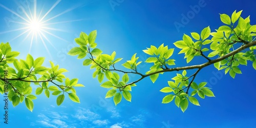 Bright Sunlight Illuminates Vibrant Green Spring Leaves Against a Clear Azure Sky