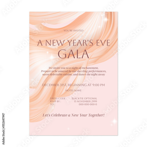 New Year eve gala invitation template features a flowing, abstract design in soft peach tones, evoking a sense of celebration and sophistication