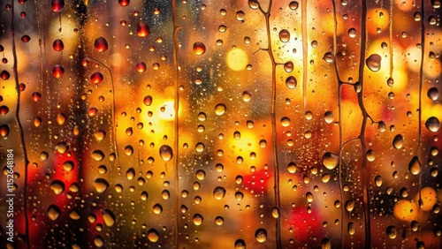 Golden Hour Rain Water Droplets Adorn a Glass Pane, Reflecting Blurred Lights photo