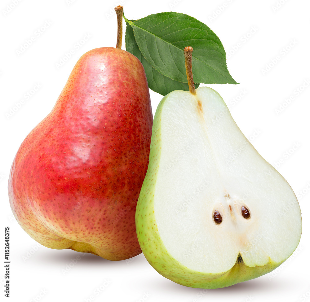 Fresh red pear with leaves isolated on white background, Red Pear on a White Background with clipping path