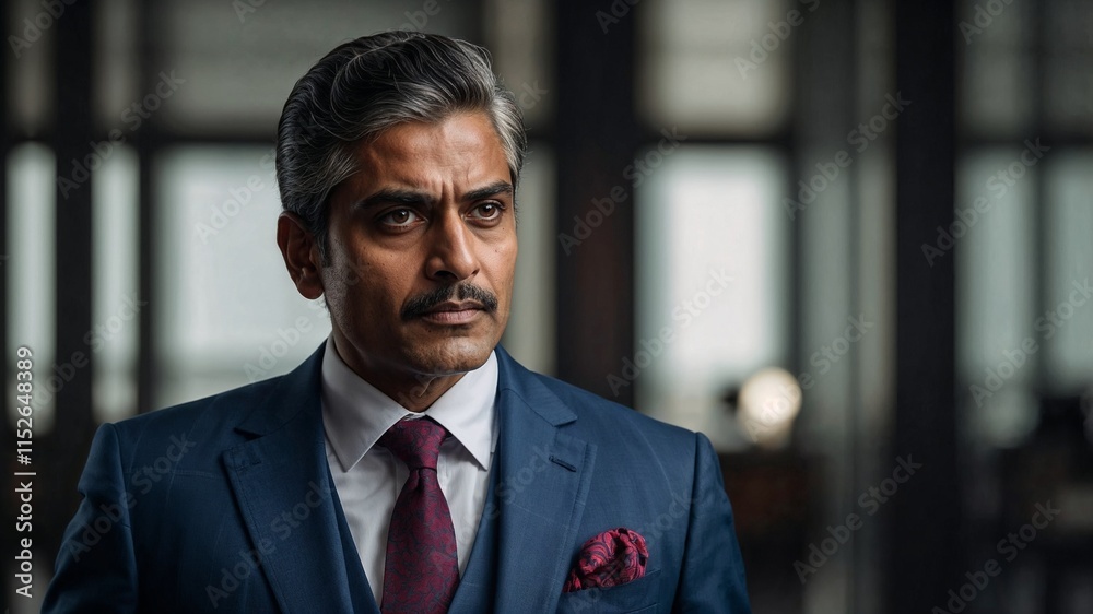 Fototapeta premium Focused Indian businessman in blue suit with red tie indoors at modern office