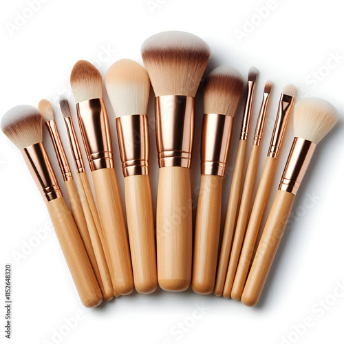 bamboo makeup brushes with light brown natural handles and soft beige bristles photo