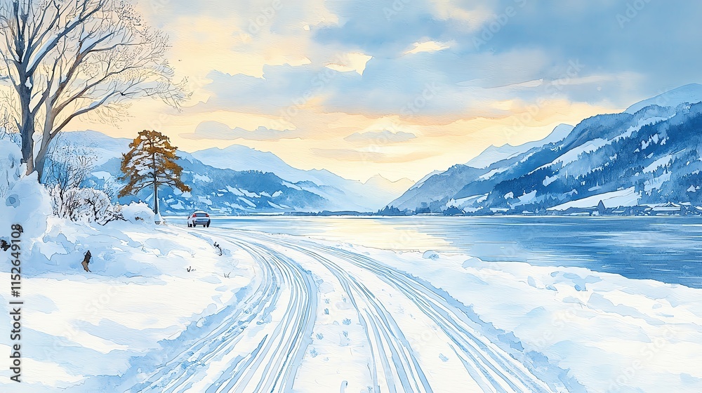 Snowy road, car tracks leading into the distance, serene winter landscape, Watercolor style Snowy road, car tracks leading into the distance, serene winter landscape, Watercolor style