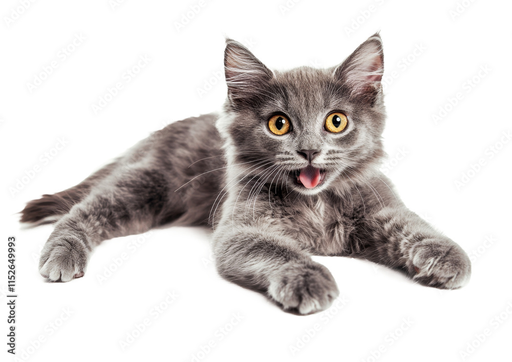 Fototapeta premium High-Quality PNG Happy Kitten Laying Looking at Camera Isolated on White Background – High Resolution
