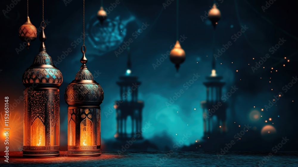 Glowing golden lanterns with a tranquil mosque silhouette under a mystical Ramadan night sky Glowing golden lanterns with a tranquil mosque silhouette under a mystical Ramadan night sky