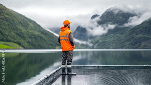 A man in an orange jacket stands on a dock overlooking a body of water