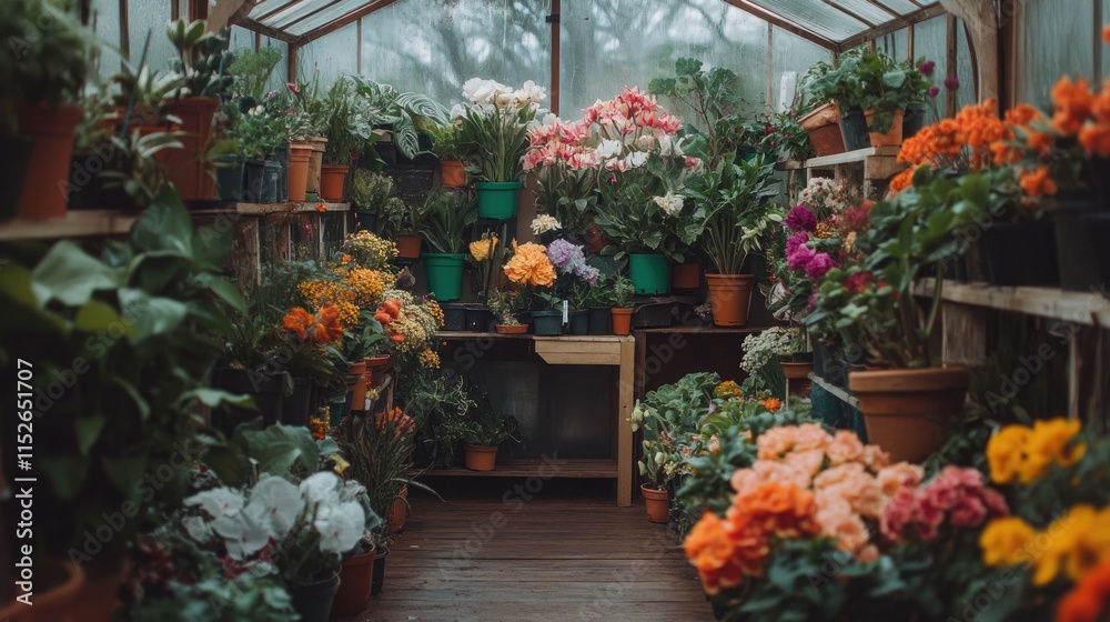 Fototapeta premium Vibrant Greenhouse Haven: A profusion of colorful flowers and lush greenery thrives in a sun-drenched greenhouse.