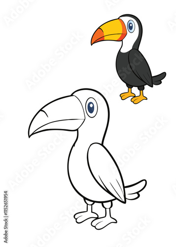 A toucan coloring page featuring the bird’s vibrant beak and colorful feathers, set against a tropical backdrop, inviting creativity and fun for all ages.