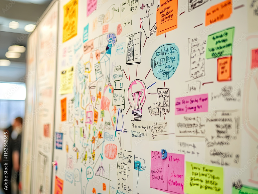 Naklejka premium Colorful whiteboard filled with mind maps, notes, and ideas for brainstorming