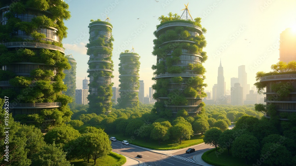 Fototapeta premium A futuristic green city with vertical gardens, rooftop farms, and renewable energy. Lush greenery and sustainable innovations highlight the harmony of urban living and nature.