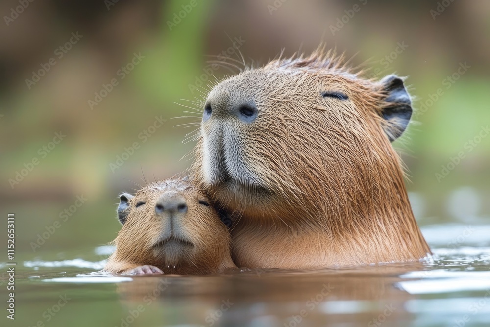 Adult Capybara Affectionately Holds Baby Capybara In Water Adult Capybara Affectionately Holds Baby Capybara In Water