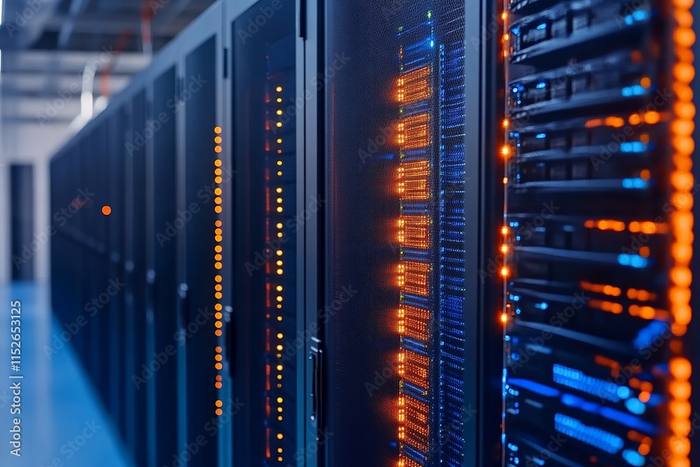 Data Flow Through Storage: Blue and Orange Lights in Cloud Computing Infrastructure Room. Cybersecurity, Hosting, and Database Support with Black Connection Racks. Data Flow Through Storage: Blue and Orange Lights in Cloud Computing Infrastructure Room. Cybersecurity, Hosting, and Database Support with Black Connection Racks.