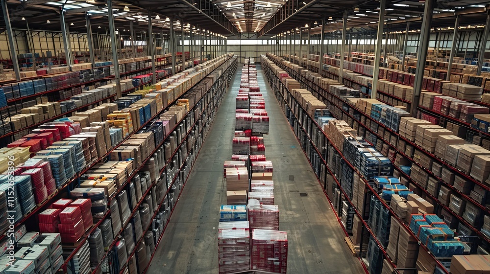 Extensive Warehouse Inventory: Rows of Pallets and Shelving Filled with Cardboard Boxes Extensive Warehouse Inventory: Rows of Pallets and Shelving Filled with Cardboard Boxes