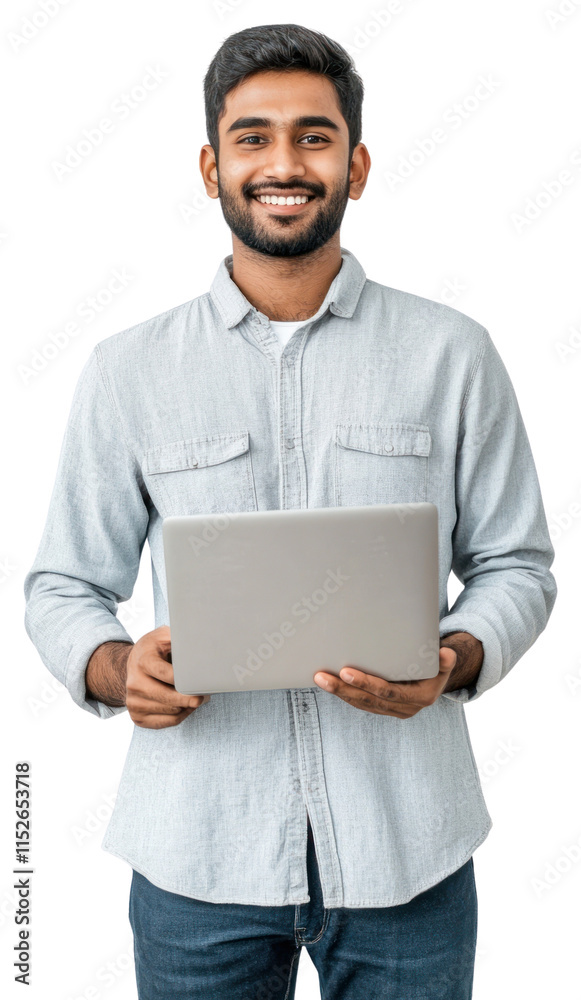 PNG A indain man wearing an oversized shirt laptop standing casual. PNG A indain man wearing an oversized shirt laptop standing casual.